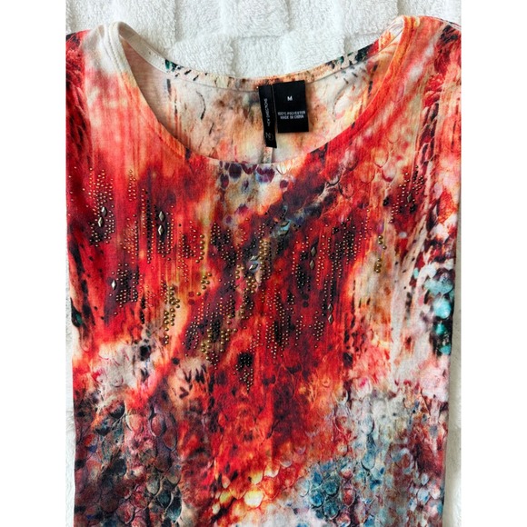 new directions Tops - New Directions Womens Batwing Studded Abstract Top Orange/Teal/Red-EUC Sz M
